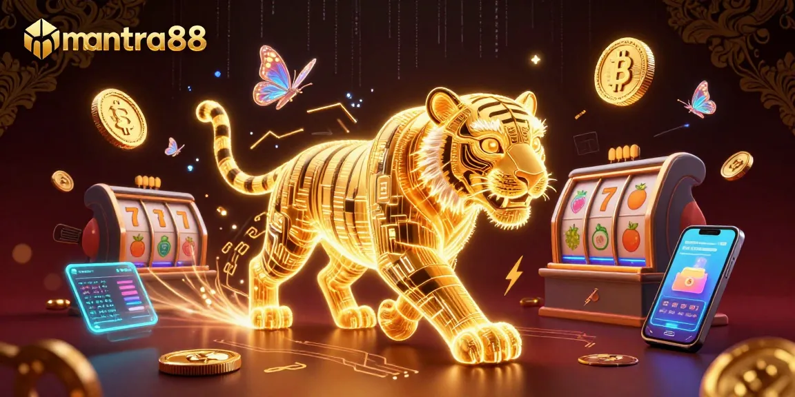 Experience mantra88's vibrant slot games with a neon-lit 3D casino illustration featuring a golden tiger.