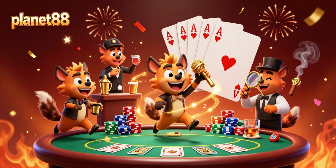 Witness the vibrant planet88 hyena casino scene showcasing comedy, poker, and celebration.