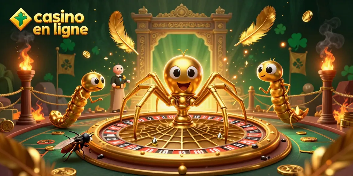 Image dynamique de casino en ligne avec une araignée dorée et un croupier mille-pattes autour d'une roulette.