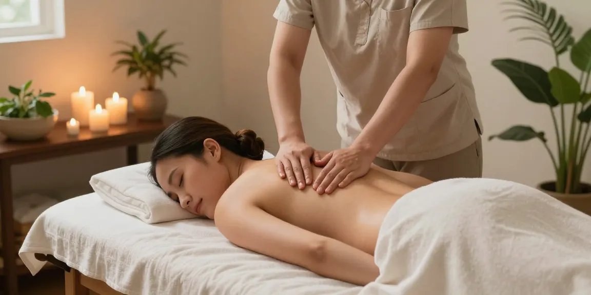 Massage therapy session showcasing a soothing atmosphere with oils and calming decor.