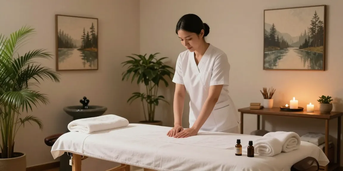 Massage therapist preparing a tranquil Swedish massage room with serene ambiance, enhancing relaxation.