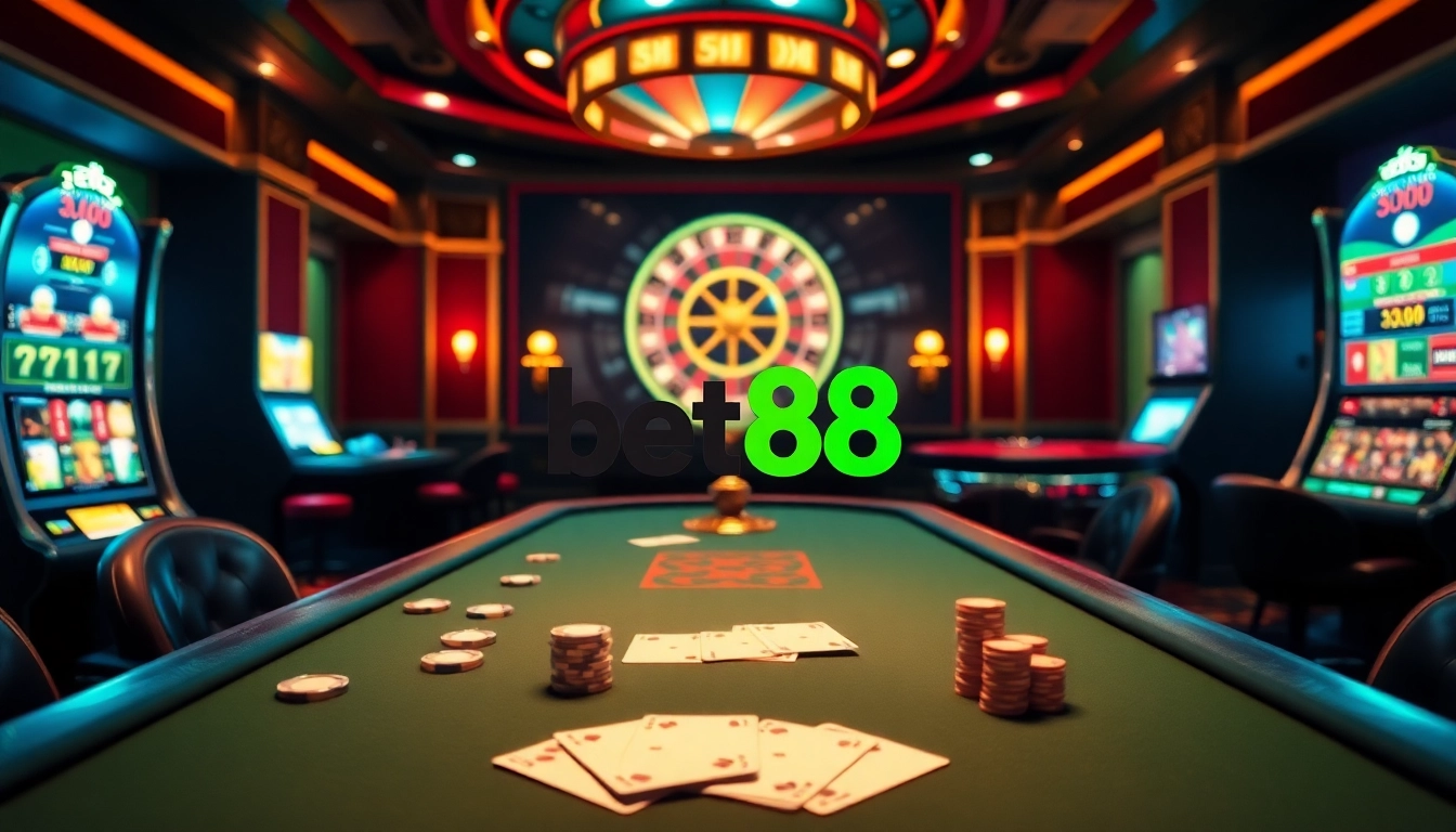 Experience the thrill of online gaming at bet88 with vibrant casino visuals and luxury elements.