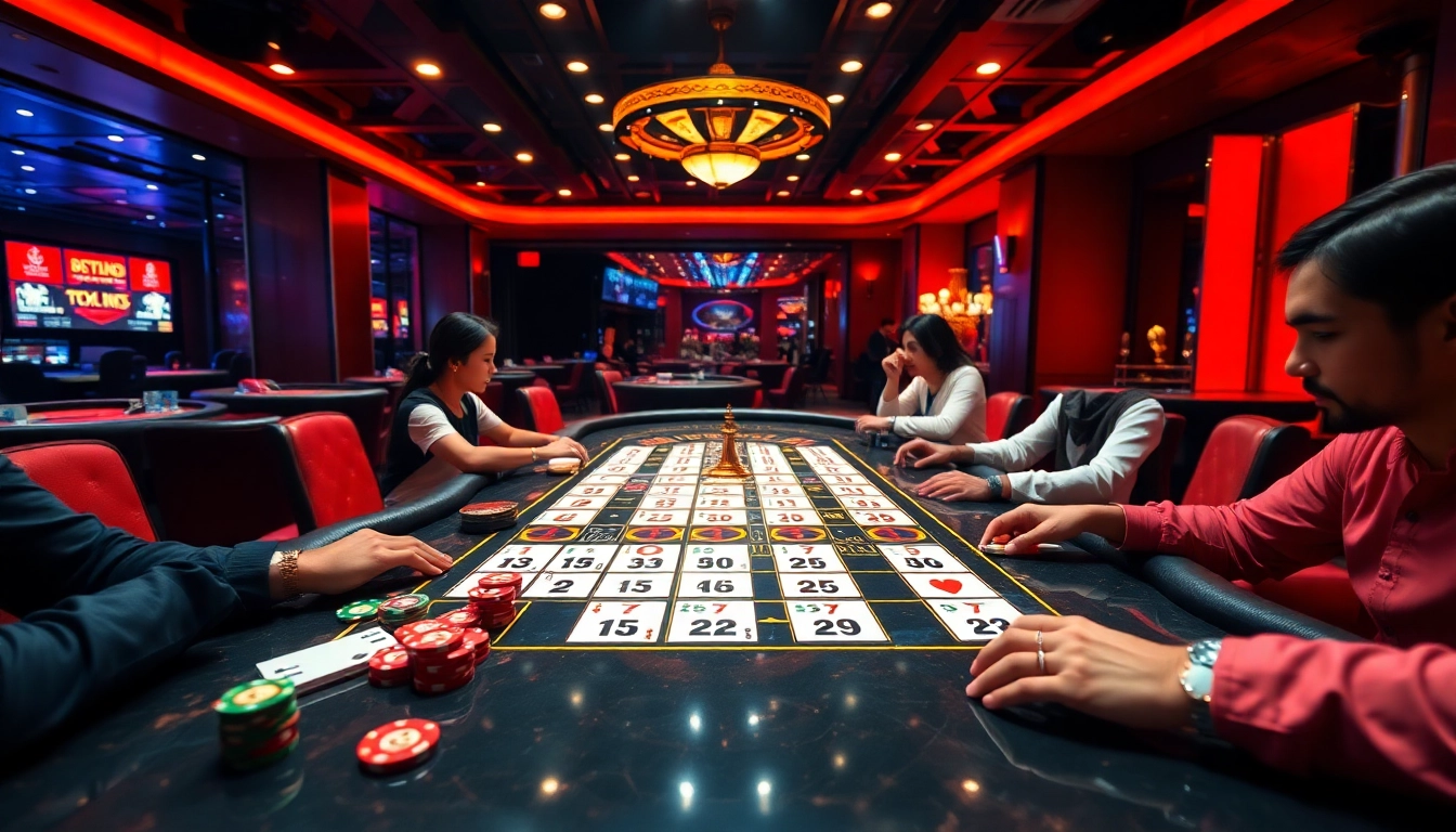 Pemain yang bermain di meja Sumo Togel dalam lingkungan kasino mewah.