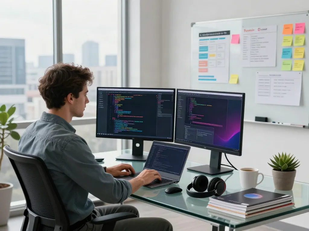 Brave developer coding in modern workspace, showcasing productivity tools and vibrant lighting.