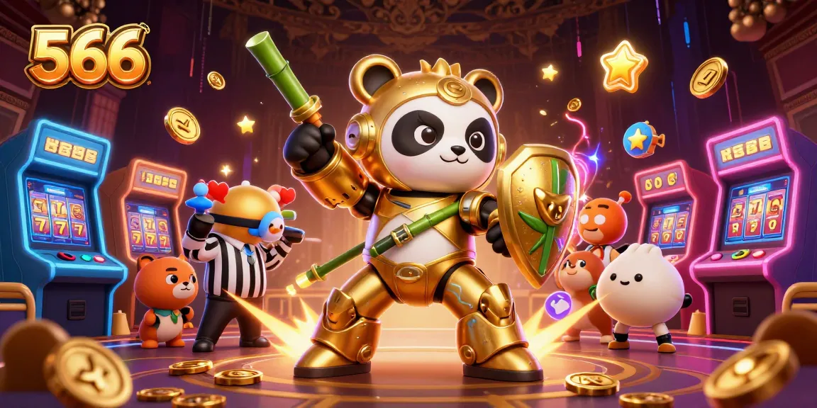 The golden panda piloting a fighting robot within a vibrant casino gaming scene featuring slots and arcade elements at 566.