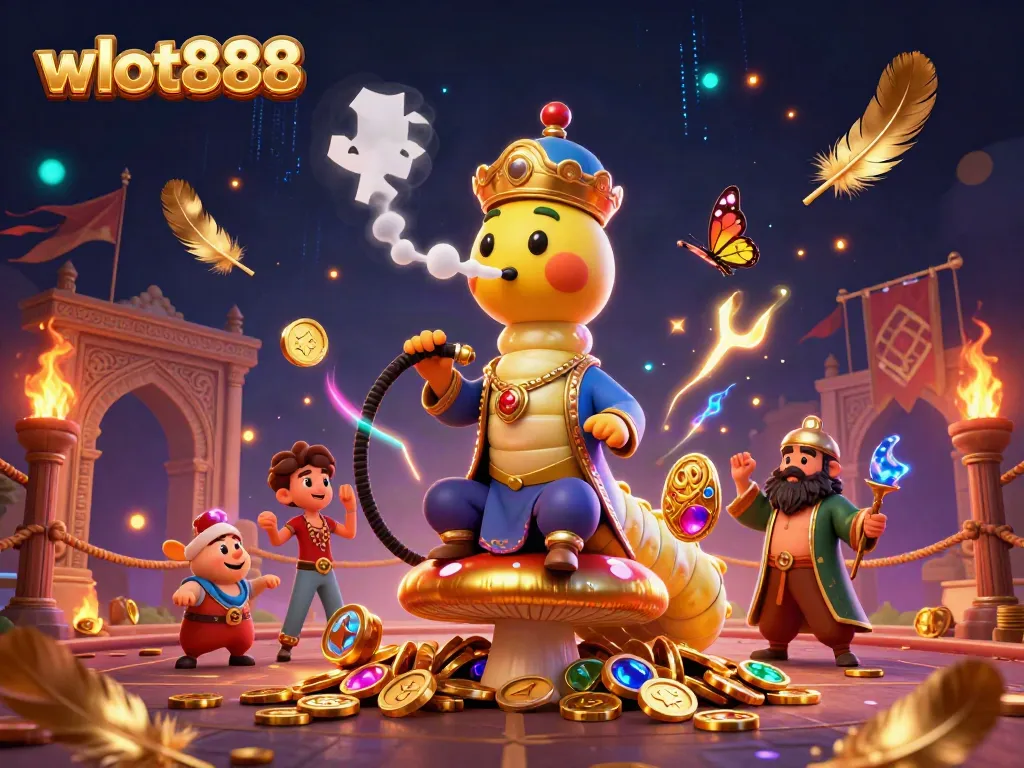 Permainan wslot888: ilustrasi kasino 3D ceria dengan karakter unik dan elemen berkilau.