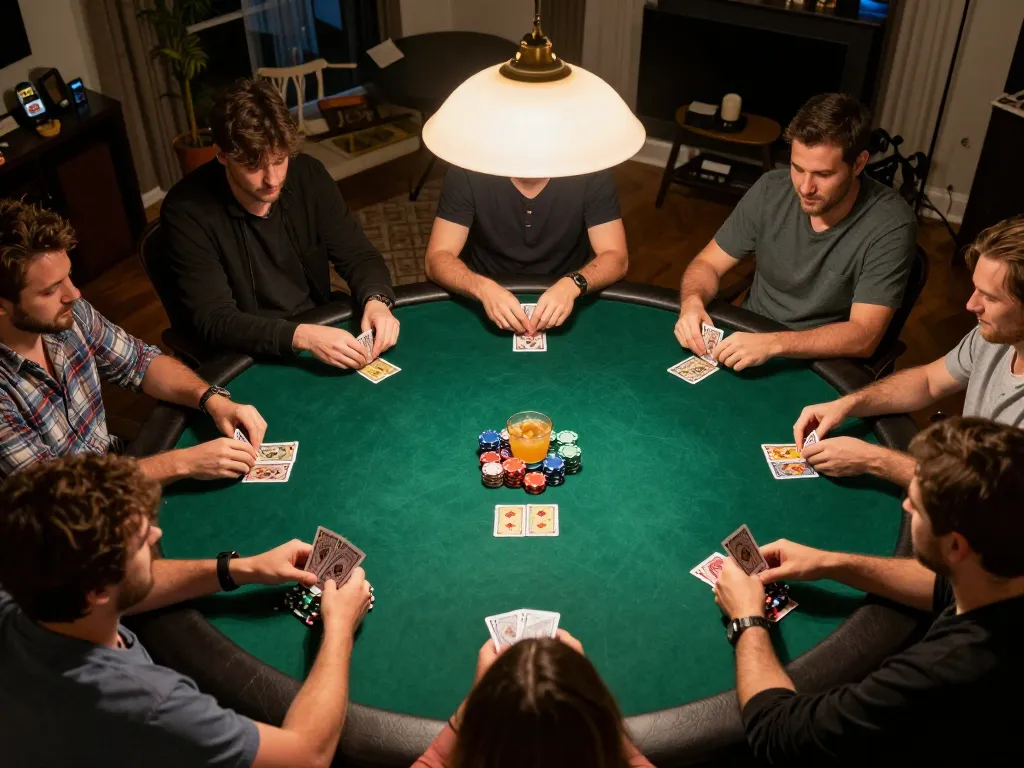 Players strategizing in a competitive TR88 poker game at a cozy home setting, creating a dynamic atmosphere