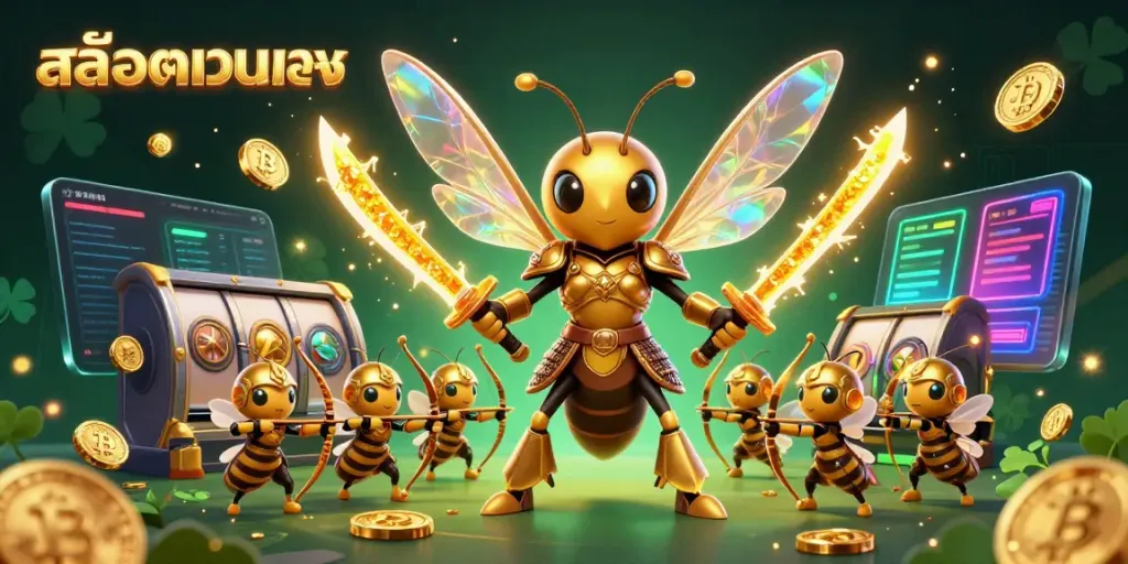 Engage with สล็อตเว็บตรง through a vibrant scene of samurai-themed bee warriors amidst a high-tech gaming environment.