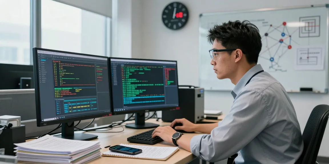 IT technician analyzing security protocols on monitors at https://shs-dome5.com/ in a modern office.
