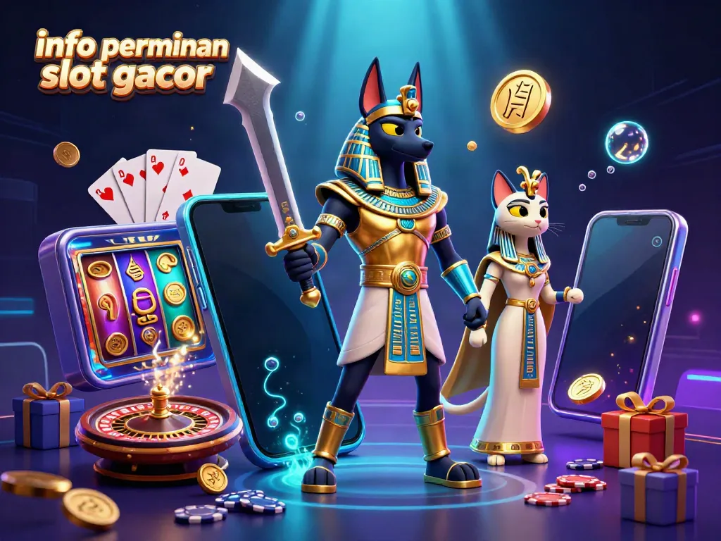 Info permainan slot gacor dalam ilustrasi 3D bertema kasino dengan Anubis dan Bastet.