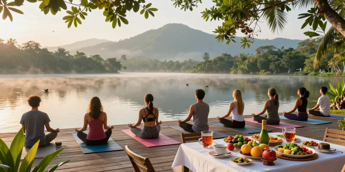 Yoga retreat south coast Sri Lanka with participants practicing yoga on the lakeside at sunrise, showcasing lush surroundings and vegan breakfast.