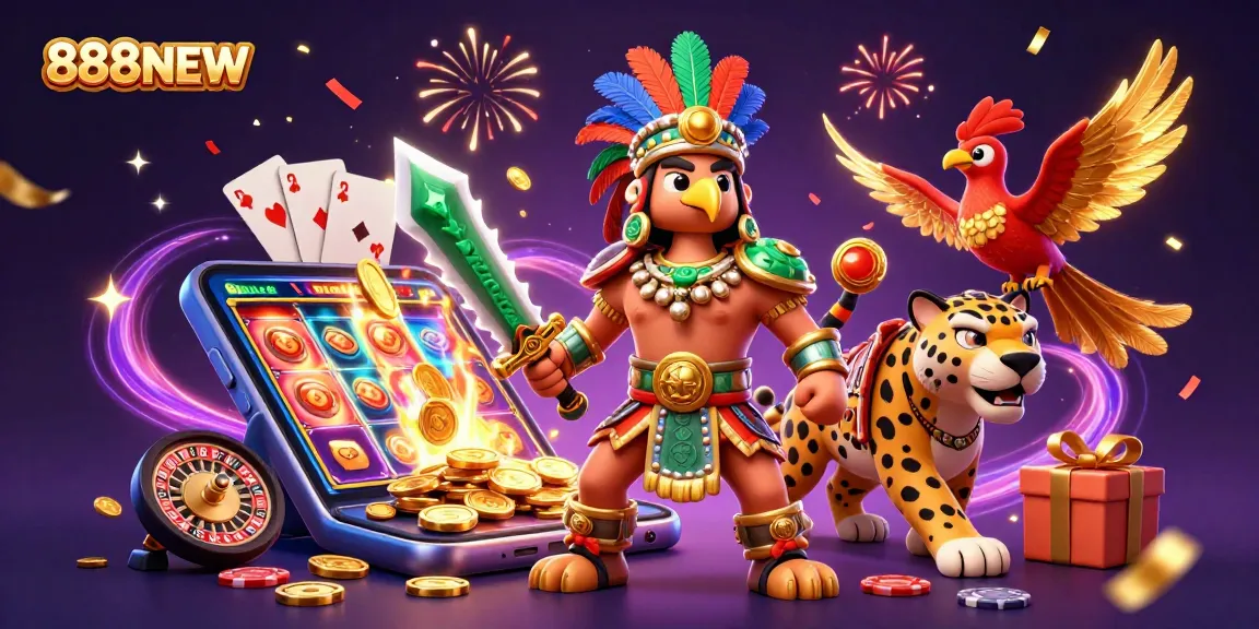 Experience 888NEW with an Aztec warrior in a vibrant casino scene filled with games and excitement.