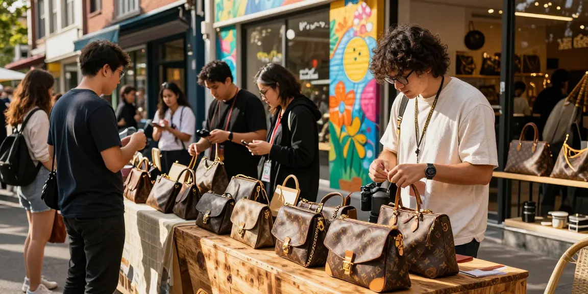 Shopping for luxurious replica bags at a trendy outdoor market, showcasing 레플리카 사이트 options.