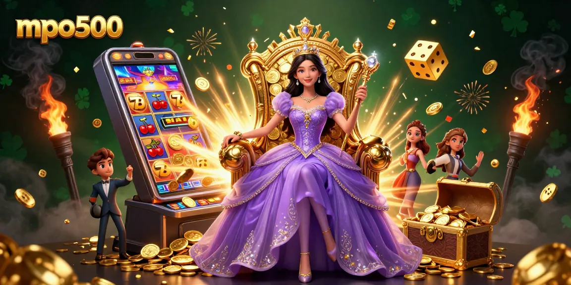 Experience thrilling wins with mpo500 and a majestic princess surrounded by slot machines and treasures