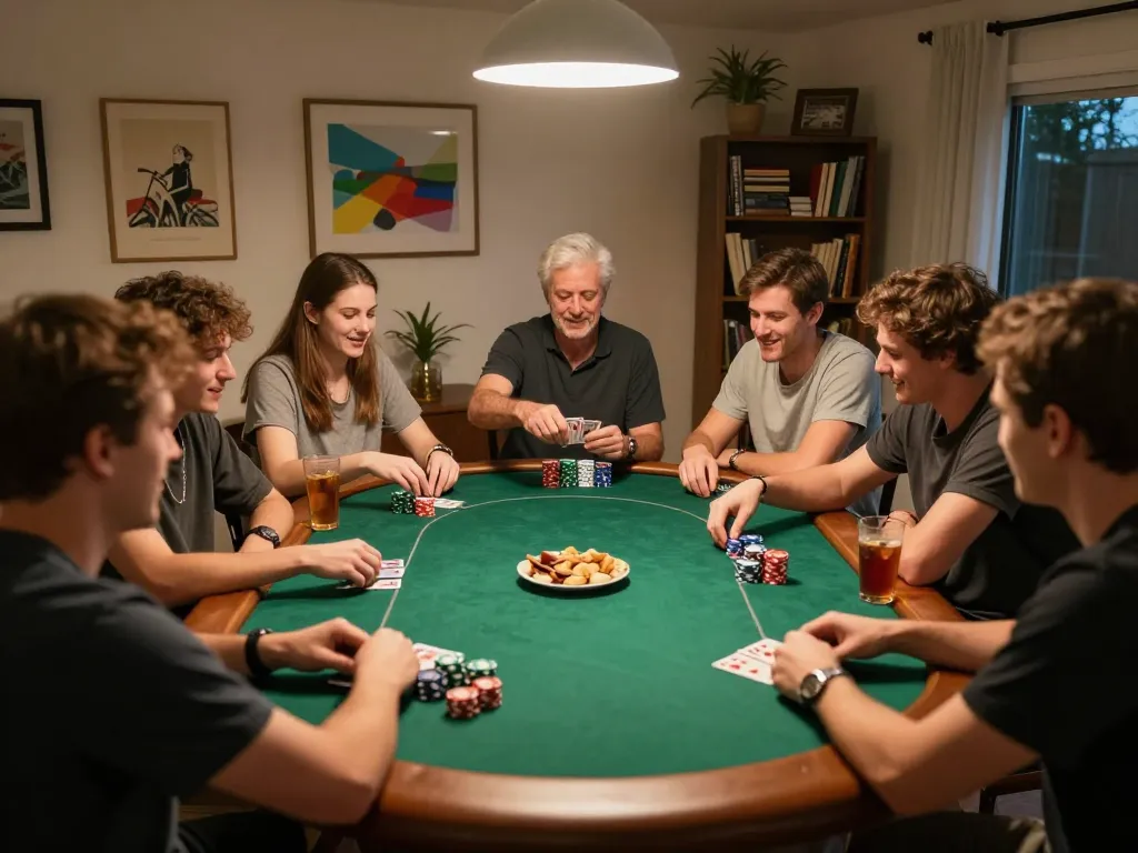 Friends enjoy an exciting poker night together using ATQ strategies for better odds.