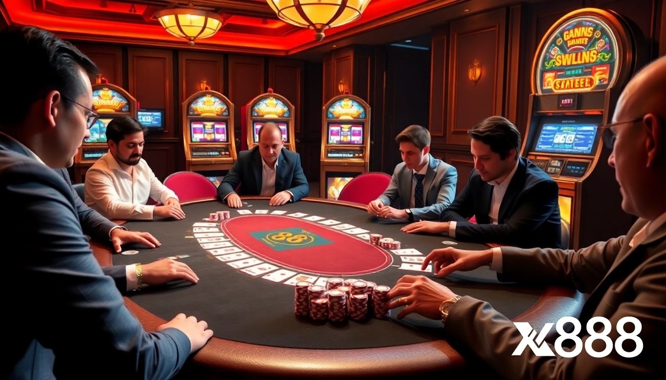 Players strategizing at the poker table with xx88-themed elements in a luxurious casino setting.