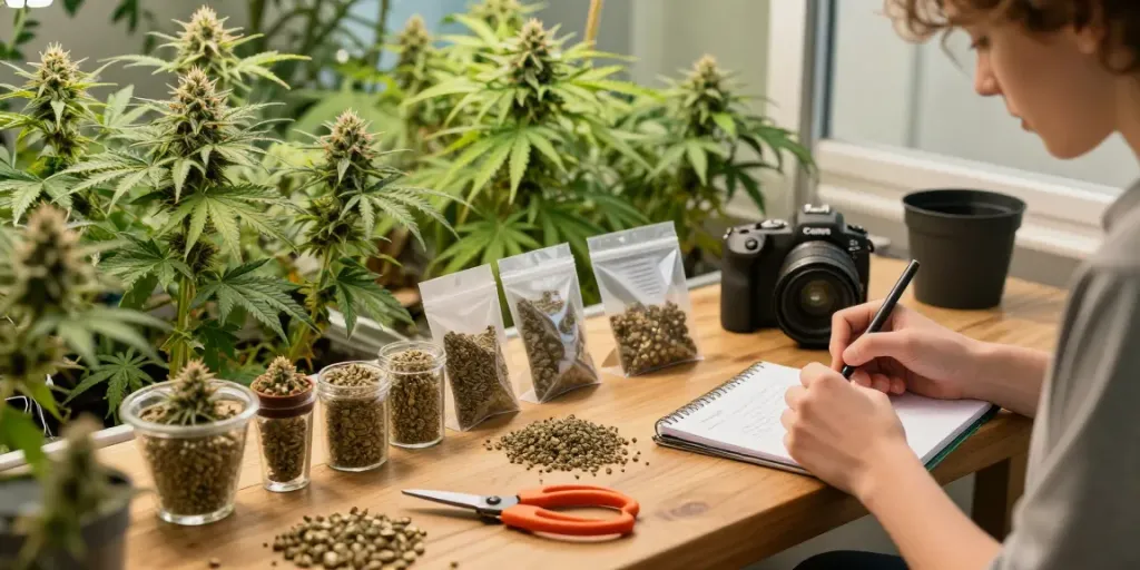 Premium cannabis seeds displayed in a nurturing indoor cultivation environment with grow lights.