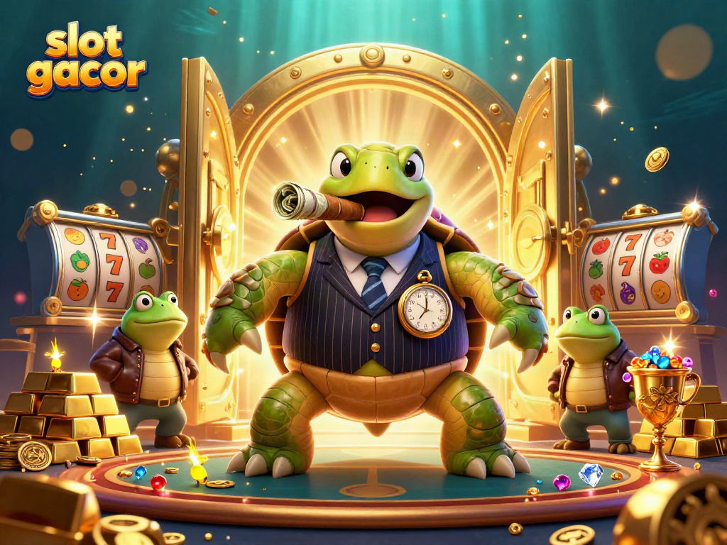 Engage with slot gacor gameplay featuring a massive turtle mobster and froggy enforcers amid riches.