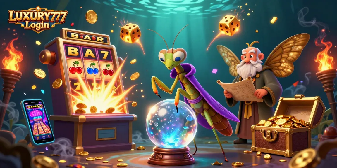 Masuki dunia LUXURY777 Login dengan slot mesin 3D penuh koin dan simbol keberuntungan.