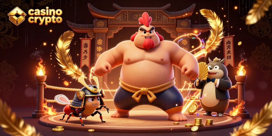 Casino en crypto : expérience animée avec un coq sumo, un criquet samouraï et un tanuki.