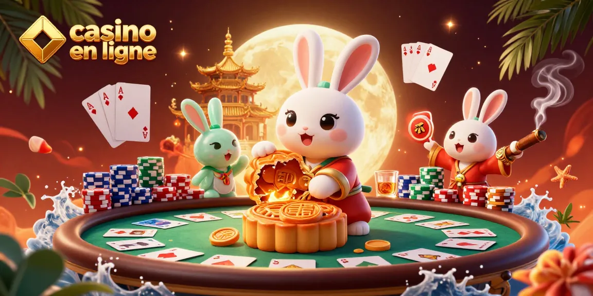 Jouer au casino en ligne avec une illustration captivante d'un lapin lunaire et des éléments de poker dynamique