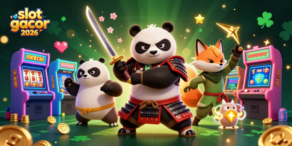 Gambar slot gacor 2026 menampilkan karakter samurai panda dan rubah ninja dengan unsur permainan kasino.