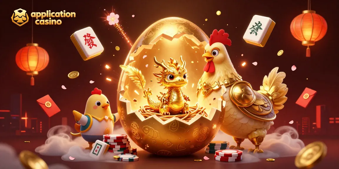 Application casino : un dragon doré sur un lit de jetons de poker et des éléments chinois illuminés