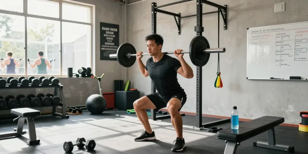 Fitness enthusiast lifting weights in a dynamic gym setting, showcasing dedication to fitness and steroidi anabolizzanti.