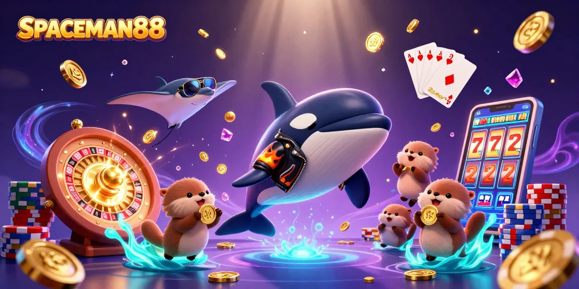 Watch SPACEMAN88 as the orca whale jumps with winnings, surrounded by a treasure of coins and casino elements.