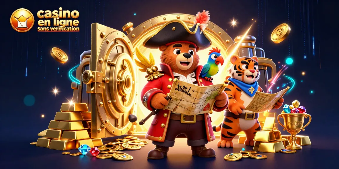 Explorez les trésors du casino en ligne sans vérification avec un ours pirate et un tigre dans cette scène dynamique et riche.