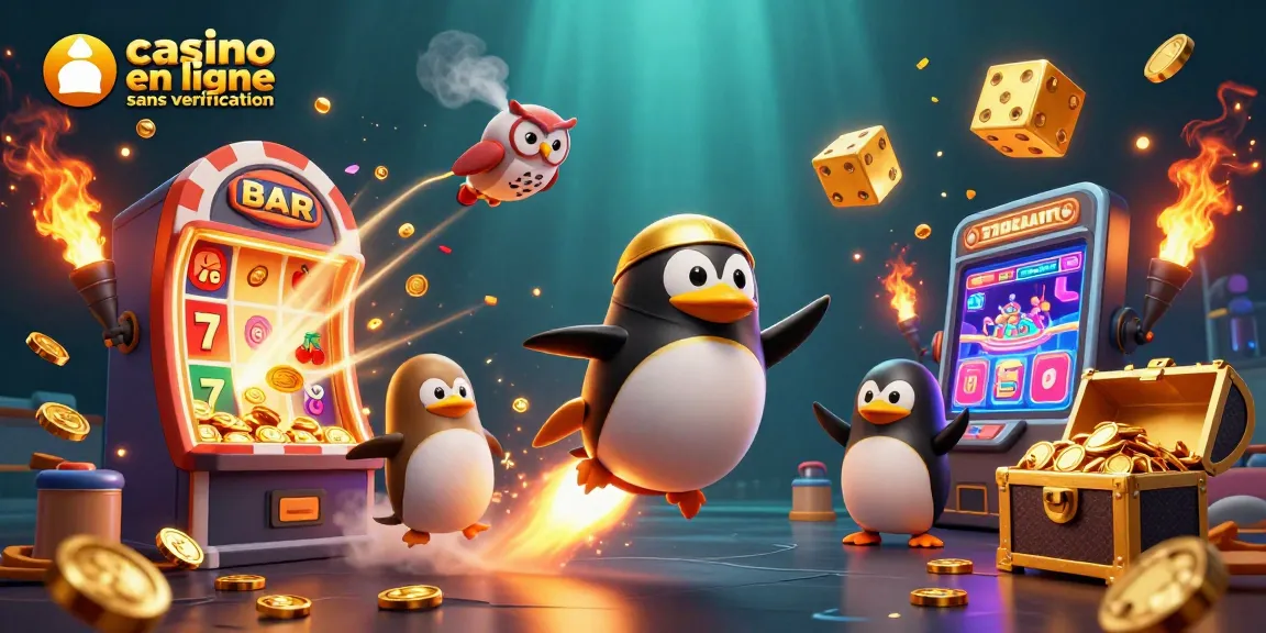 Jouez à un casino en ligne sans vérification avec des machines à sous animées et un pingouin doré dynamique.