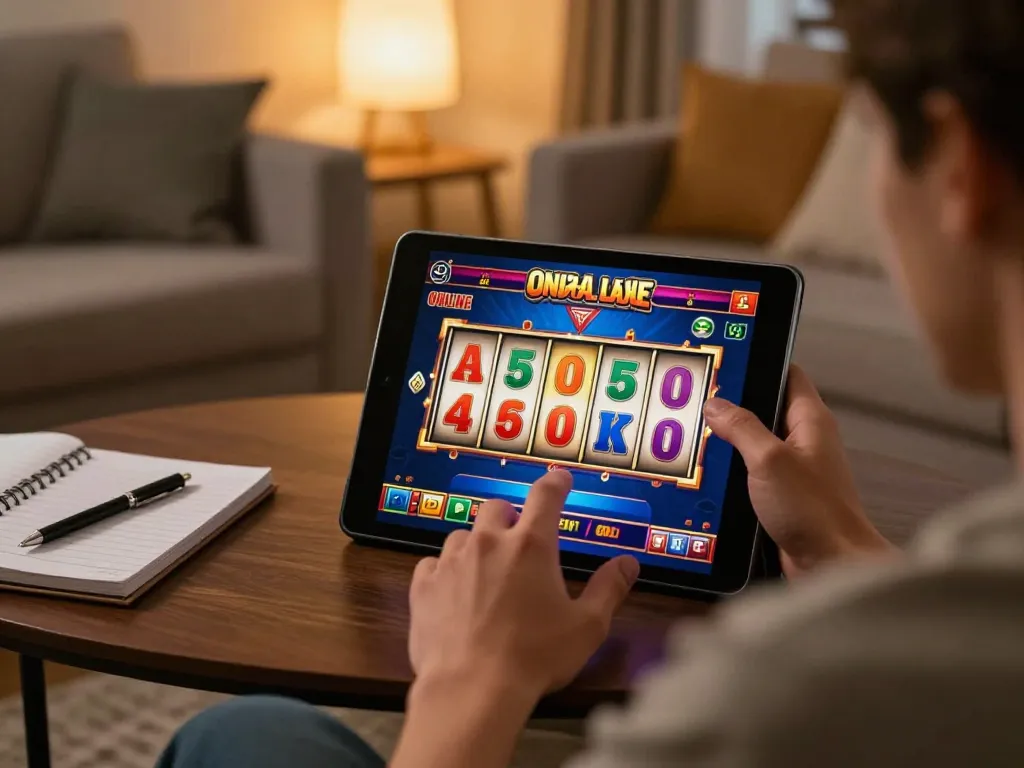 Playing online slots on a tablet at home with OKFUN, highlighting excitement and strategy.