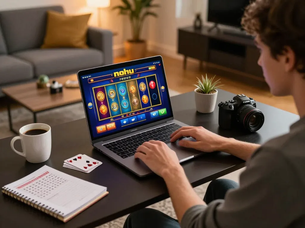 Engaging nohu game session on a laptop with colorful reels and jackpot features in a cozy home environment.