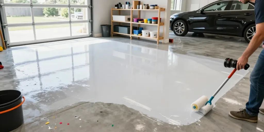 Garage floor coatings in action, highlighting vibrant colors and a professional application process.