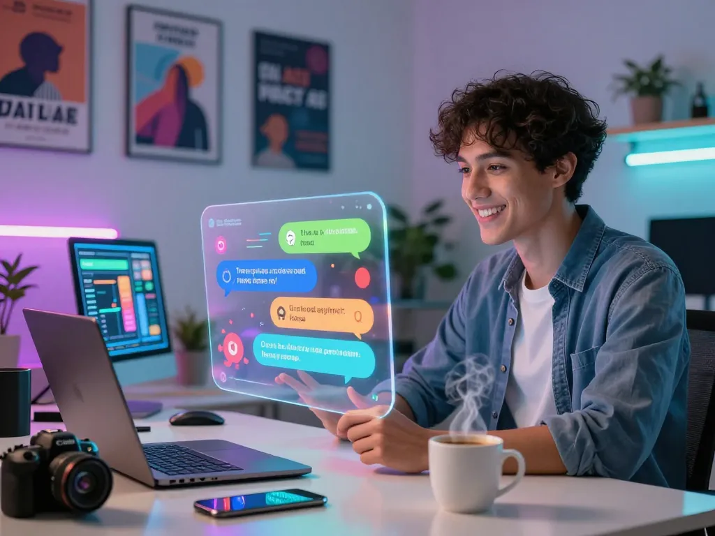 A young adult enjoying a spicychat interaction with a virtual AI companion in a futuristic digital environment.