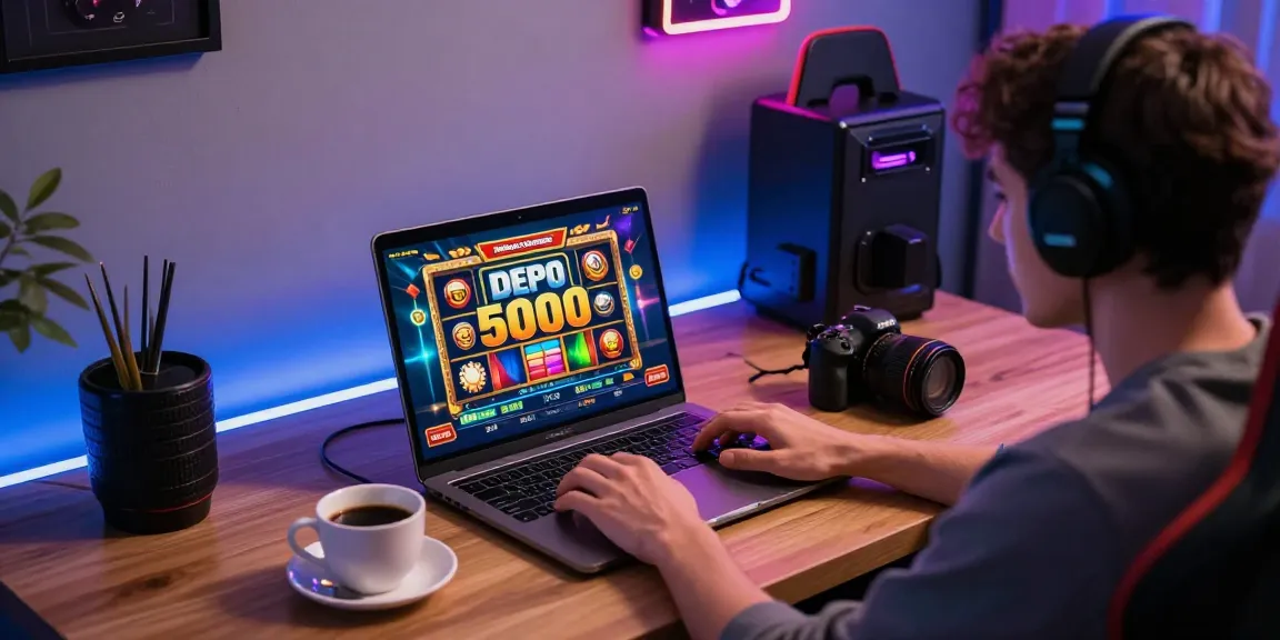 Engaging scene of a user playing slot depo 5000 games on a laptop with a modern gaming setup.