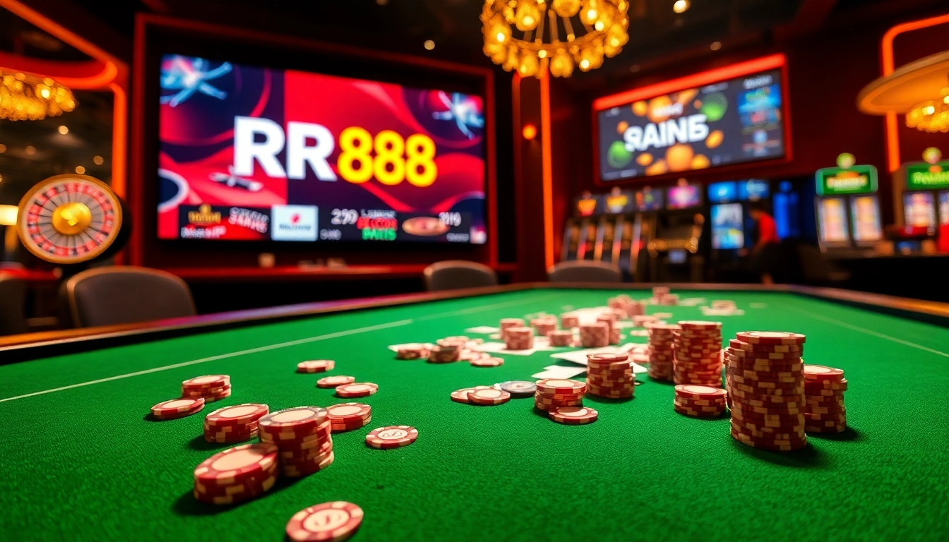 Experience the dazzling atmosphere of gambling at RR88 with vibrant casino tables and winning vibes.