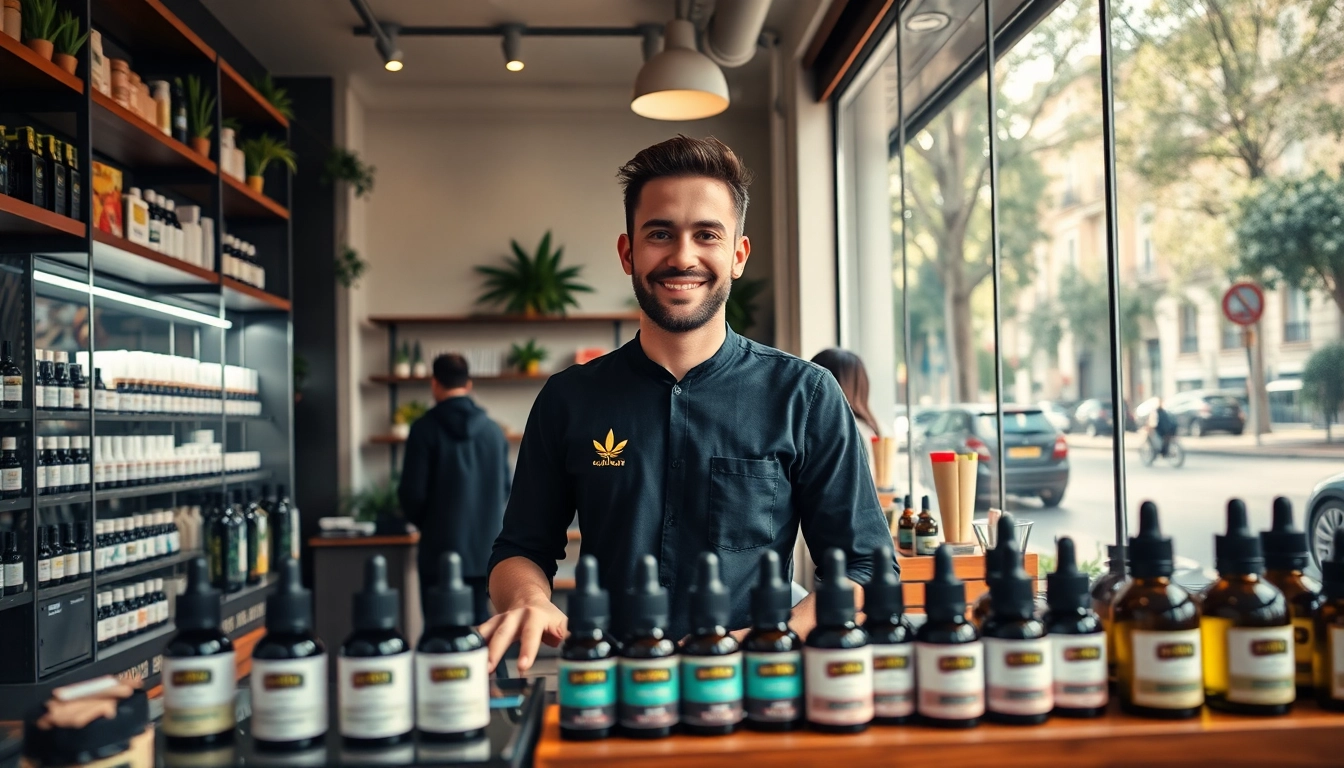 Customers exploring cbd madrid products in a vibrant shop setting, highlighting quality offerings.
