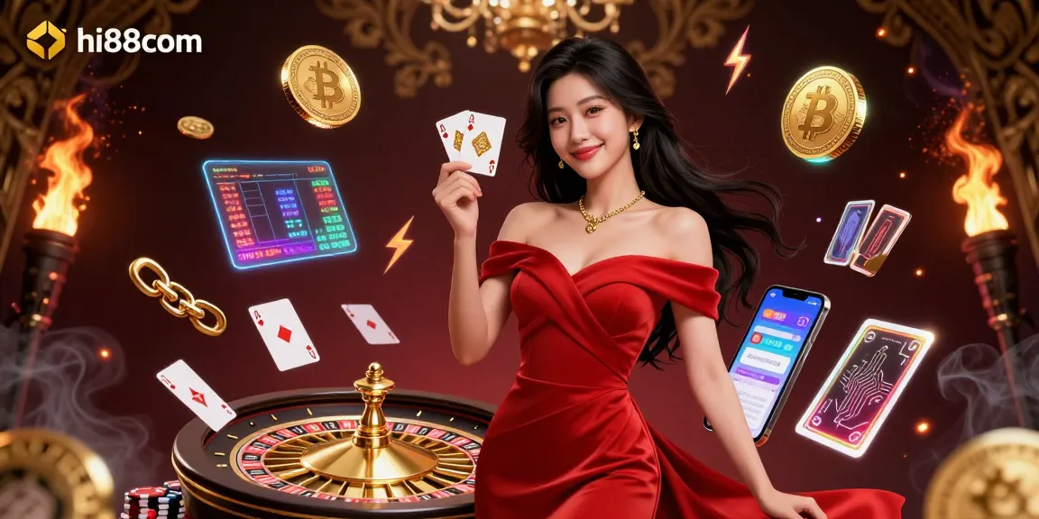 Experience gaming excellence at hi88com with a stunning illustration of an Asian woman and poker elements.