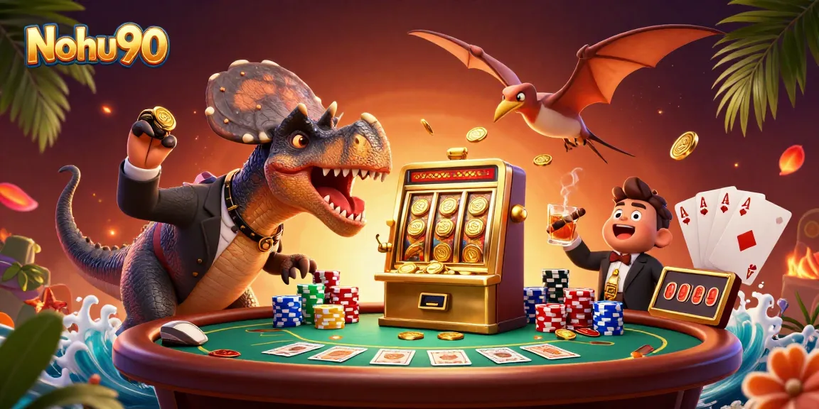Nohu90 features a dinosaur headbutting a slot machine for jackpot coins in a vibrant casino scene.