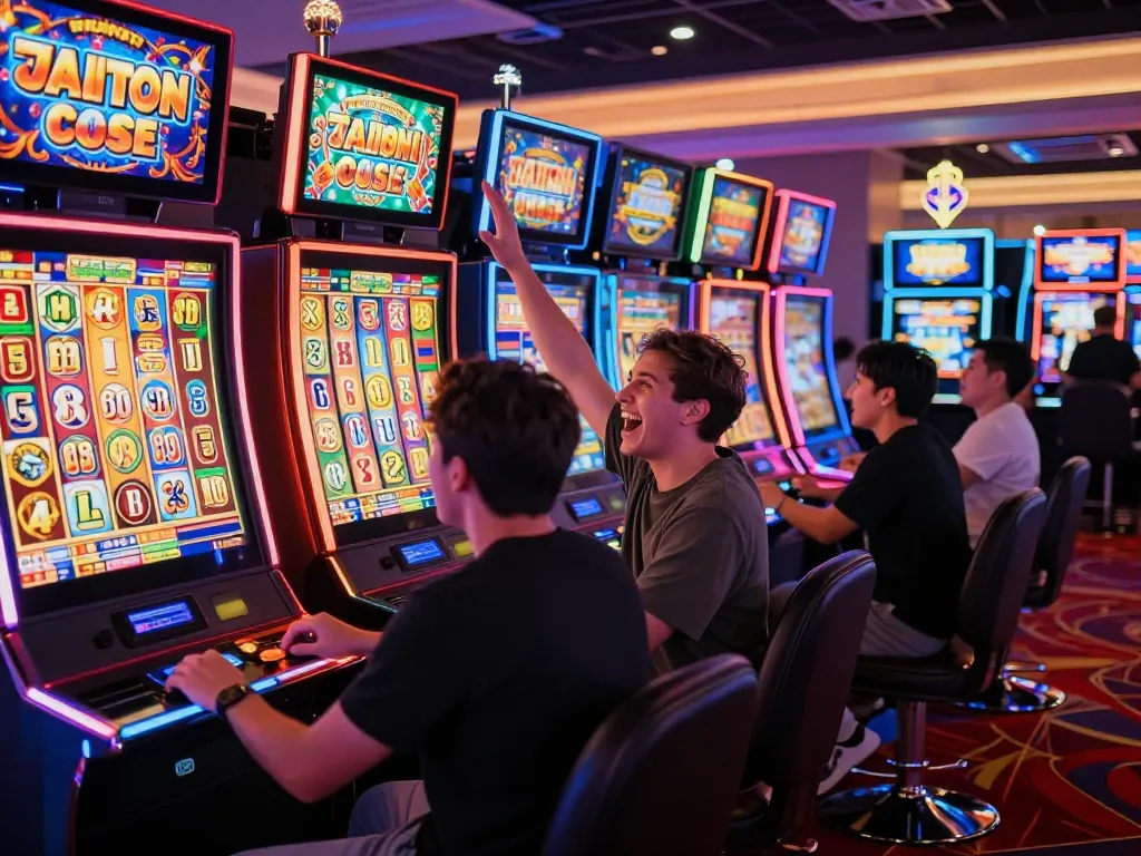Player celebrating a big win on slot777 with colorful machines and an energetic casino atmosphere.
