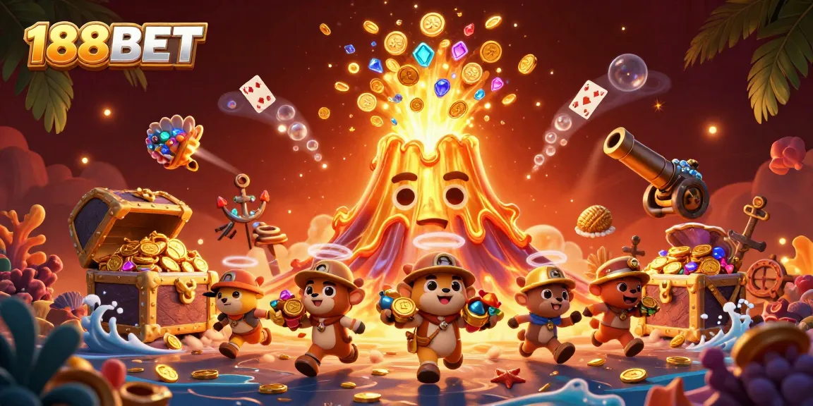 Experience the adventure at 188BET with a golden volcano erupting treasures in this vibrant casino-themed illustration.