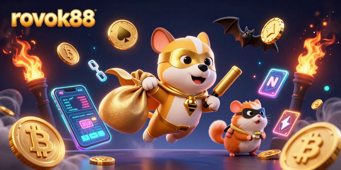 Engage with rokok88 as the superhero dog flies with coins, showcasing a vibrant casino environment.