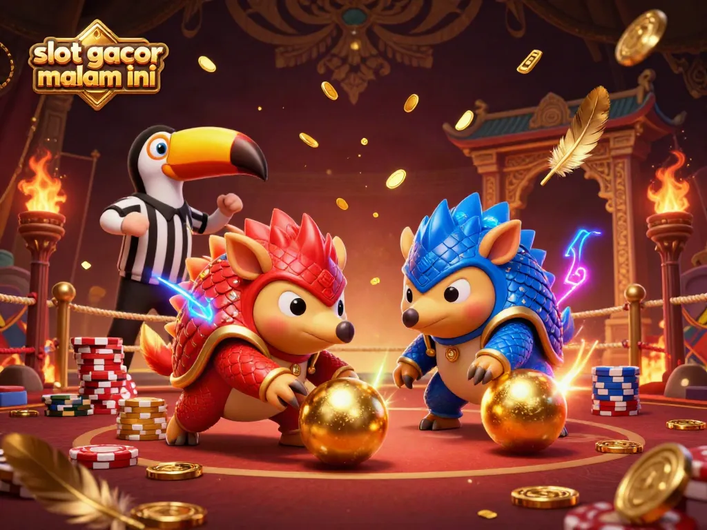 Permainan slot gacor malam ini dengan pangolin bersaing dan chip poker di arena.