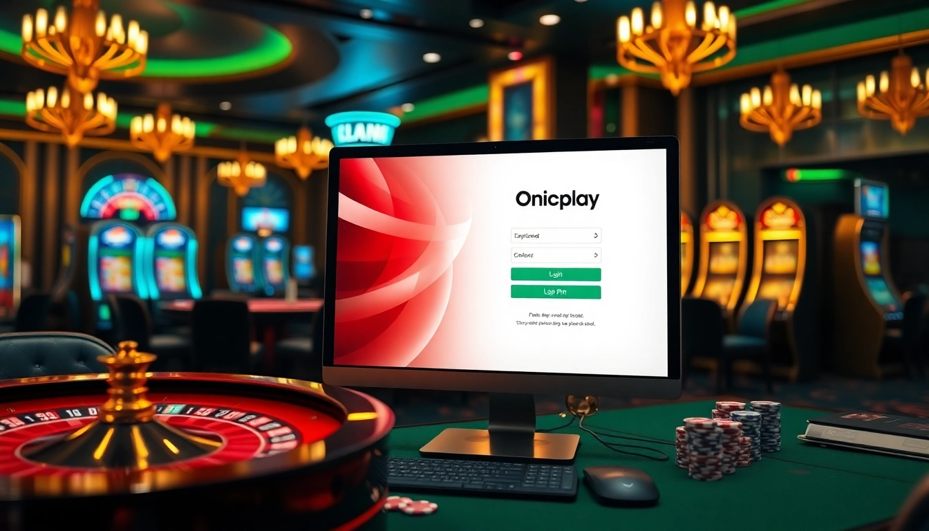 Experience thrilling online gambling with Onicplay's dynamic interface amidst luxurious casino elements.