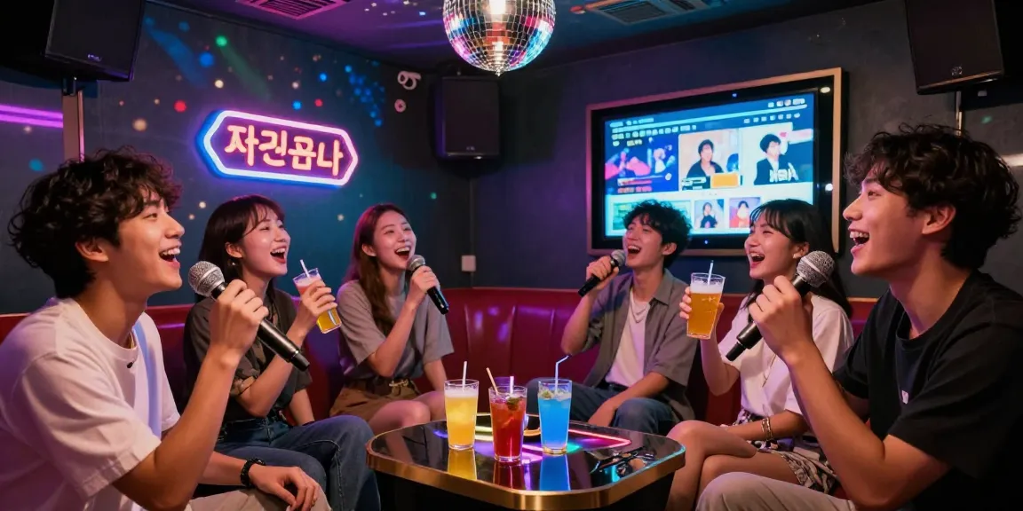 A lively karaoke night at https://www.magic4karaoke.com/ celebrating fun and friendship in a colorful 제주도 room.