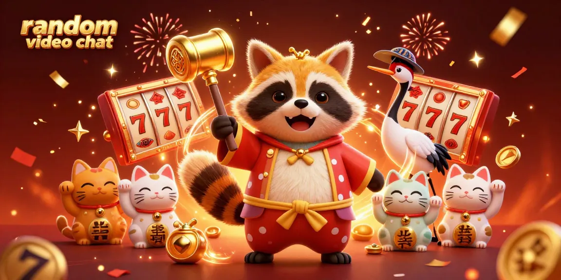 Engaging in random video chat while surrounded by festive gaming elements in a vibrant scene.