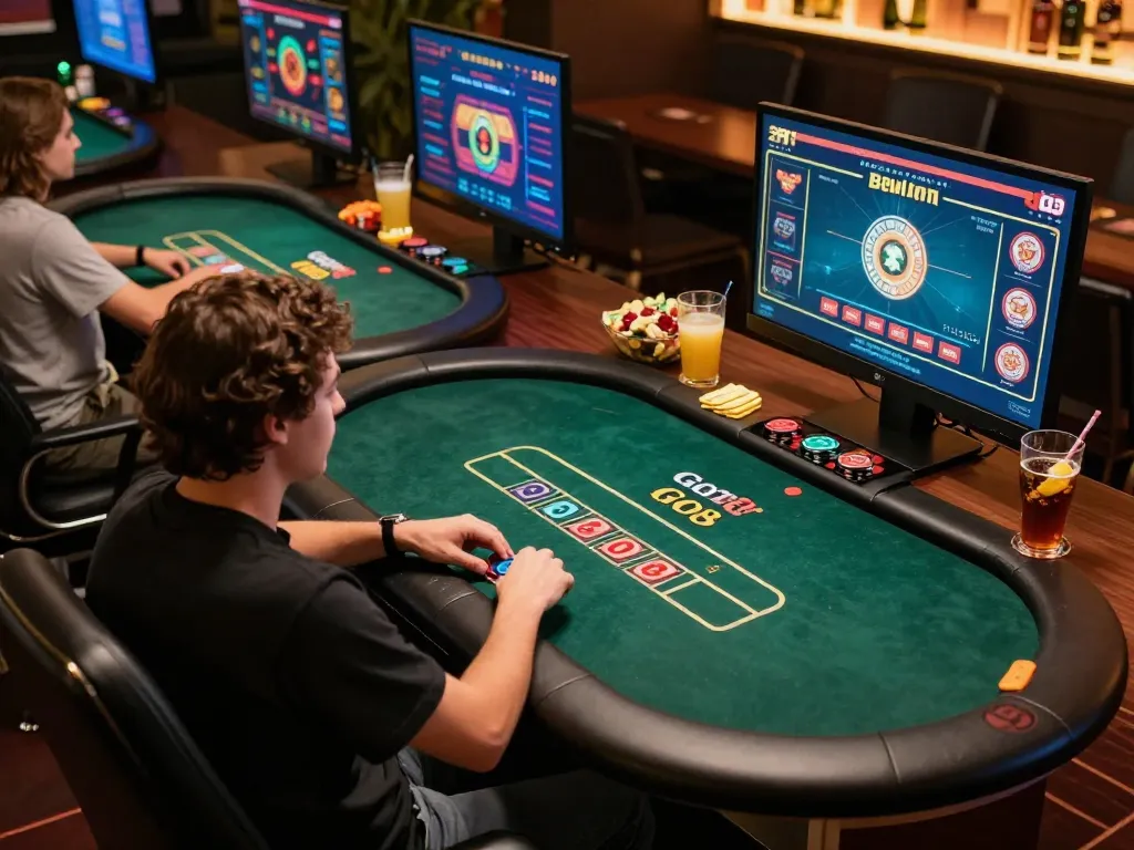 Player strategizing in a Go8 poker game with a vibrant online setup, showcasing competitive gambling atmosphere.