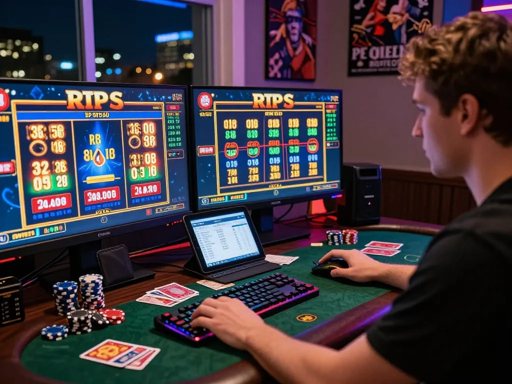 Player engaging with link gacor games on multiple screens in a vibrant gaming room.
