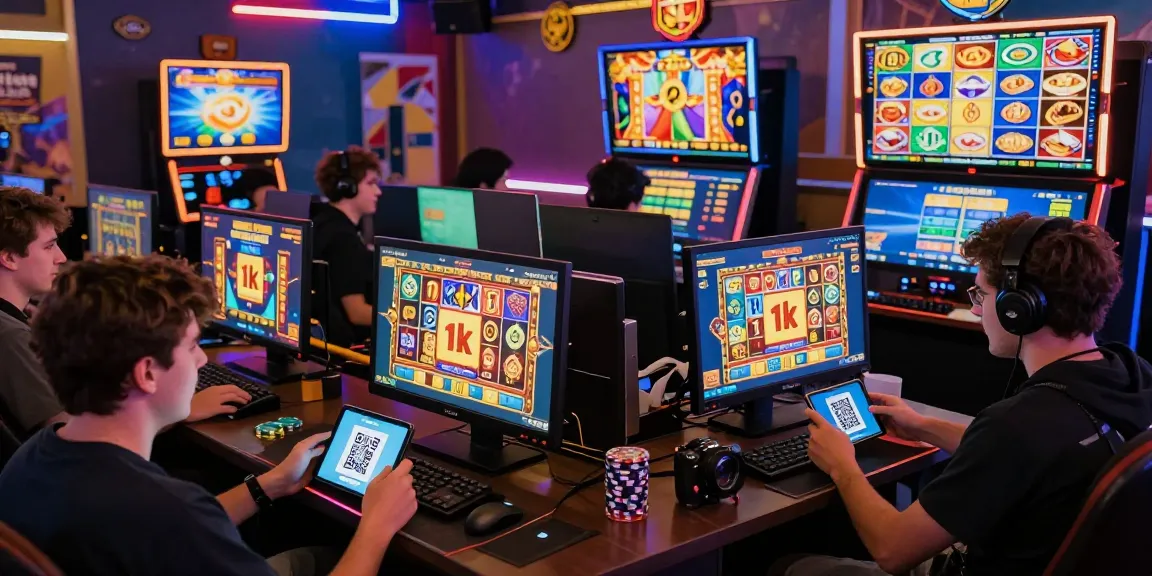 Exciting online gaming with players enjoying slot deposit 1k games, vibrant screens, and festive atmosphere